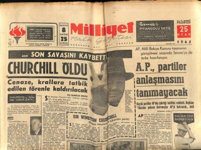 Milliyet Halk Gazetesi 25 Ocak 1965 - ...Son Savaşını Kaybetti . CHURCHILL Öldü - Voleybolda Galatasaray Romenlere Yenildi GZ121412 - 1