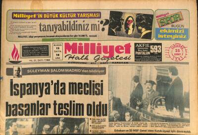 Milliyet Halk Gazetesi 25 Şubat 1981 - İspanyada Meclisi Basanlar Teslim Oldu - Erbakan İçin 14-36 Yıl Hapis Cezası İstendi GZ127441 - 1
