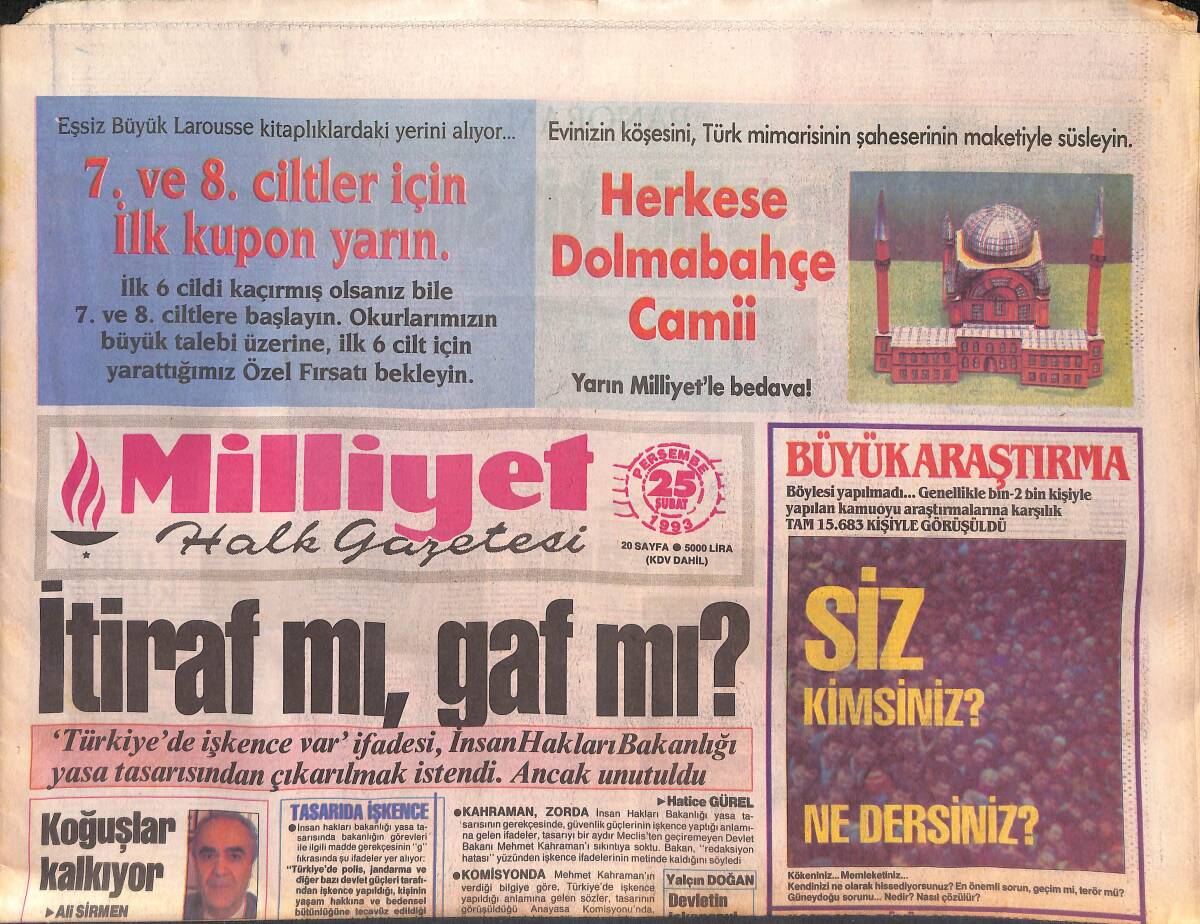 Milliyet Halk Gazetesi 25 Şubat 1993 - Efes'ten Şampiyonluk Sözü - Meclis'in 12 Dedektifi GZ132576 - 1