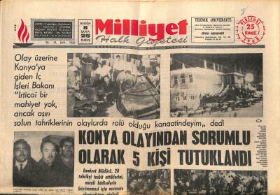 Milliyet Halk Gazetesi 25 Temmuz 1968 - Konya Olayından Sorumlu Olarak 5 Kişi Tutuklandı GZ117700 - 1