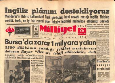 Milliyet Halk Gazetesi 26 Ağustos 1958 - Bursada Yangın Zararı 1 Milyara Yakın GZ88702 - 1
