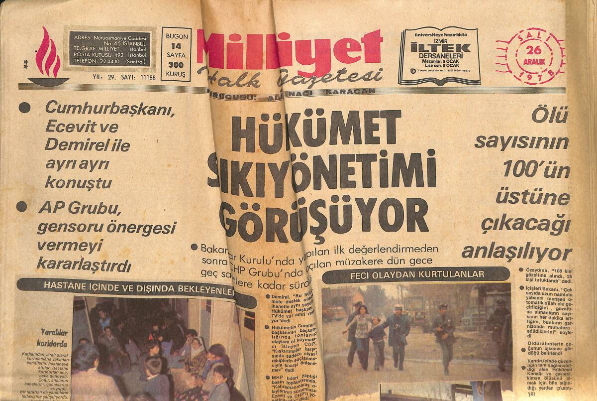 Milliyet Halk Gazetesi 26 Aralık 1978 - Maraş Olaylarını Protesto İçin Derslere Girilmedi - Hükümet Sıkı Yönetimi Görüşüyor GZ133765 - 1
