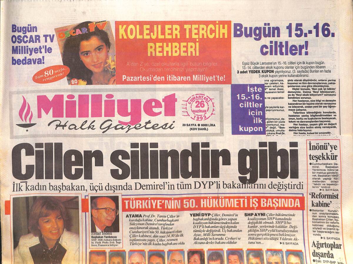 Milliyet Halk Gazetesi 26 Haziran 1993 - Wegmann'ın Ayakkabısını Alamazlar - Çiller Silindir Gibi GZ132552 - 1
