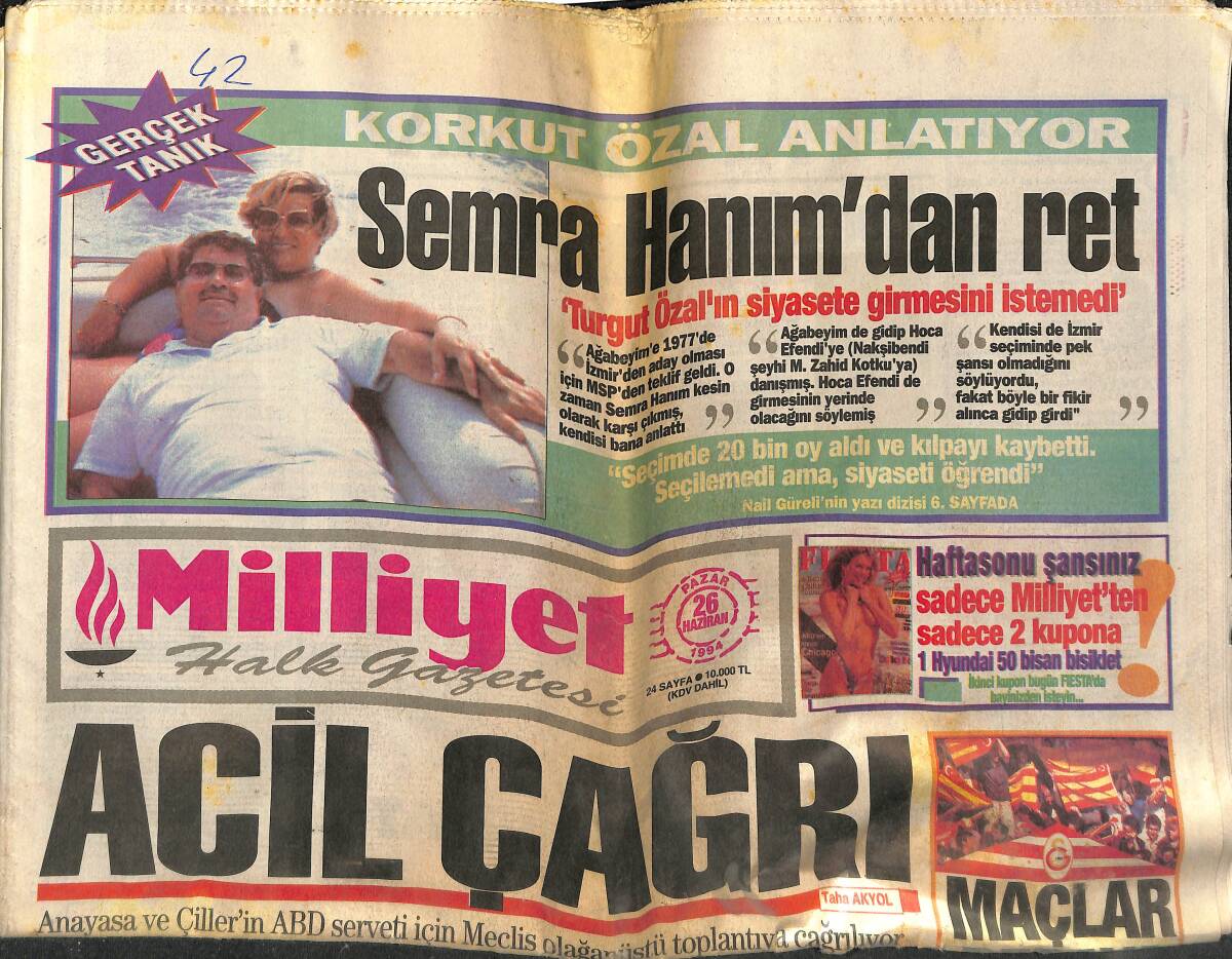 Milliyet Halk Gazetesi 26 Haziran 1994 - Çiller'in Bankalar Zirvesi - Sibel Can Kız İstiyor GZ153013 - 1