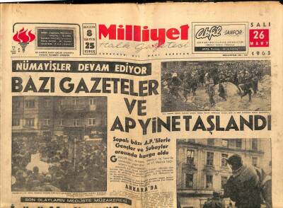 Milliyet Halk Gazetesi 26 Mart 1963 - İnönü Mecliste Artık Müsamaha Yoktur dedi - Bazı Gazeteler Ve AP Yine Taşlandı GZ92679 - 1