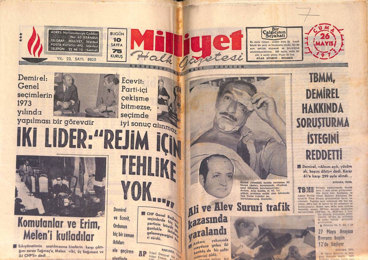 Milliyet Halk Gazetesi 26 Mayıs 1972 - TBMM, Demirel Hakkında Soruşturma İsteğini Reddetti - Fenerbahçe Transfer Listesinde 23 Oyuncu Var GZ153420 - 1