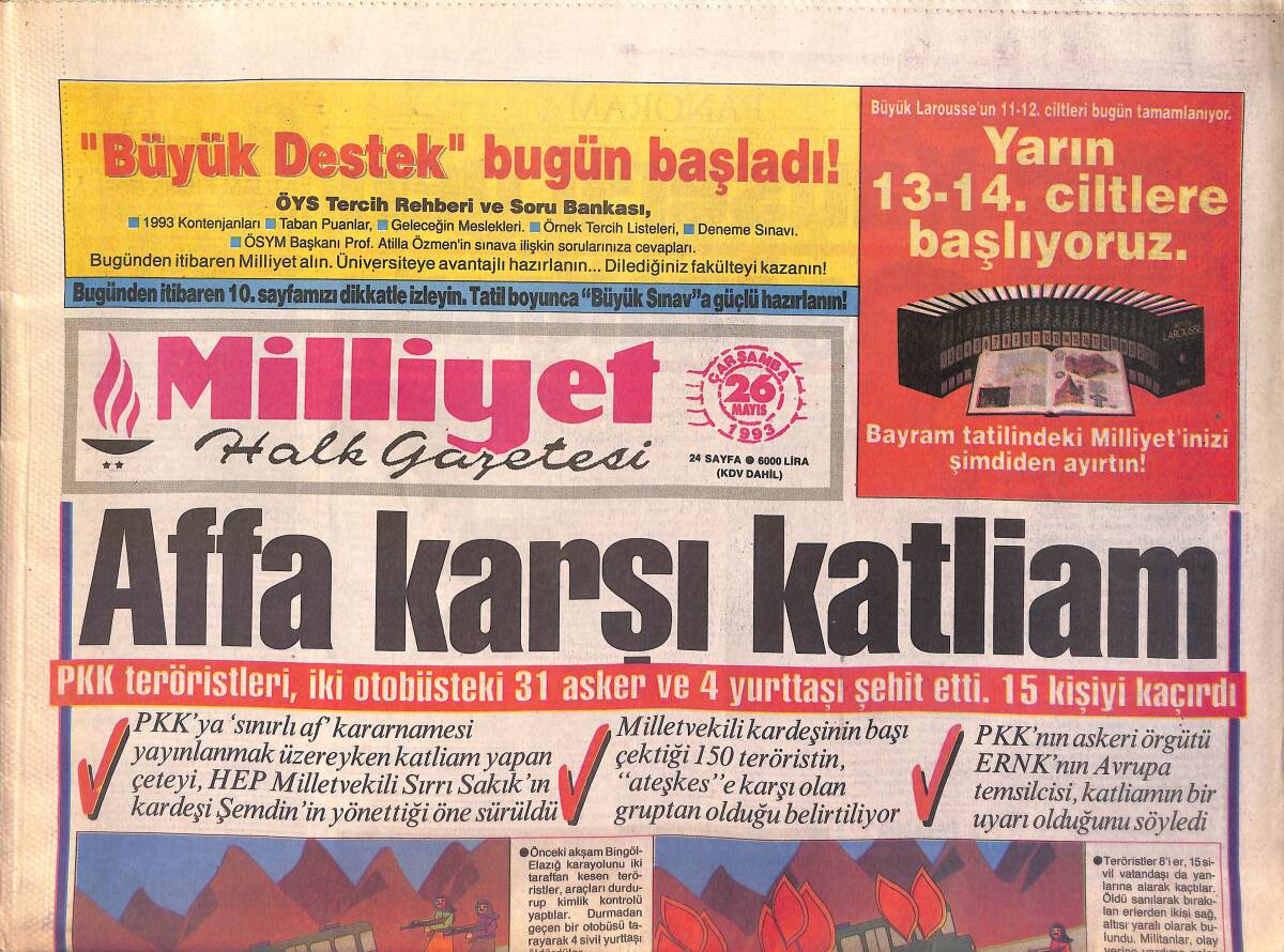 Milliyet Halk Gazetesi 26 Mayıs 1993 - Denktaş Klerides İşbirliği - Şevket Demirel Kalp Krizi Geçirdi GZ161146 - 1