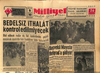 Milliyet Halk Gazetesi 26 Nisan 1955 - Bedelsiz İthalat Kontrol Edilmeyecek GZ74585 - 1