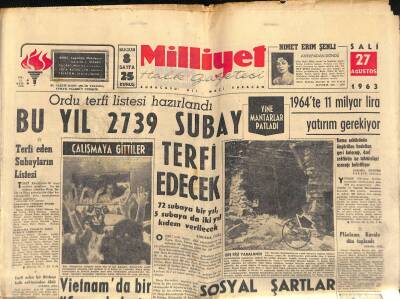 Milliyet Halk Gazetesi 27 Ağustos 1963 - Kraliçe Zeyn İstanbulda - 1964TE 11 Milyar Lira Yatırım Gerekiyor GZ118172 - 1