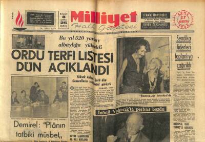 Milliyet Halk Gazetesi 27 Ağustos 1965 - Ordu Terfi Listesi Dün Açıklandı GZ79271 - 1