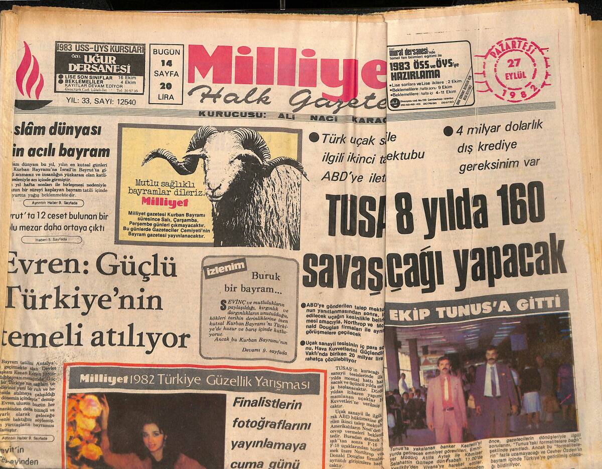 Milliyet Halk Gazetesi 27 Eylül 1982 - Afganistan Pakistan Sınırına Duvar Çekiyor - Evren : Güçlü Türkiye'nin Temeli Atılıyor GZ134162 - 1