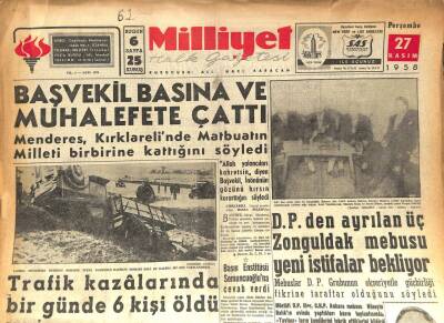 Milliyet Halk Gazetesi 27 Kasım 1958 - D.P.den Ayrılan Üç Zonguldak Mebusu Yeni İstifalar Bekliyor GZ86104 - 1