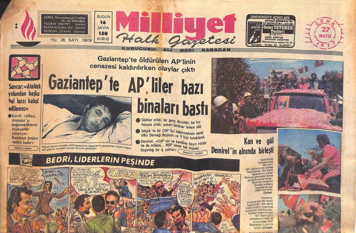 Milliyet Halk Gazetesi 27 Mayıs 1977 - Gaziantep'te AP'liler Bazı Binaları Bastı - Trabzonspor Türkiye Kupası Şampiyonu Oldu GZ132636 - 1