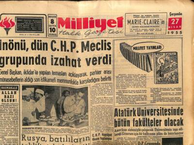 Milliyet Halk Gazetesi 27 Nisan 1955 - Atatürk Üniversitesinde Bütün Fakülteler Olacak GZ74586 - 1