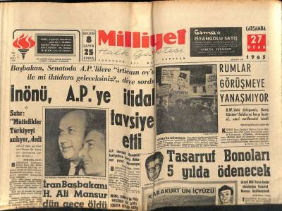 Milliyet Halk Gazetesi 27 Ocak 1965 - İran Başbakanı H. Ali Mansur Dün Gece Öldü - İnönü , A.P.ye İtidal Tavsiye Etti GZ121414 - 1