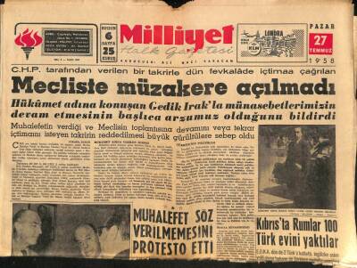 Milliyet Halk Gazetesi 27 Temmuz 1958 - Kıbrısta Rumlar 100 Türk Evini Yaktılar - Mecliste Müzakere Açılmadı GZ93553 - 1