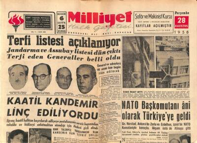 Milliyet Halk Gazetesi 28 Ağustos 1958 - NATO Başkomutanı Ani Olarak Türkiyeye Geldi GZ88704 - 1