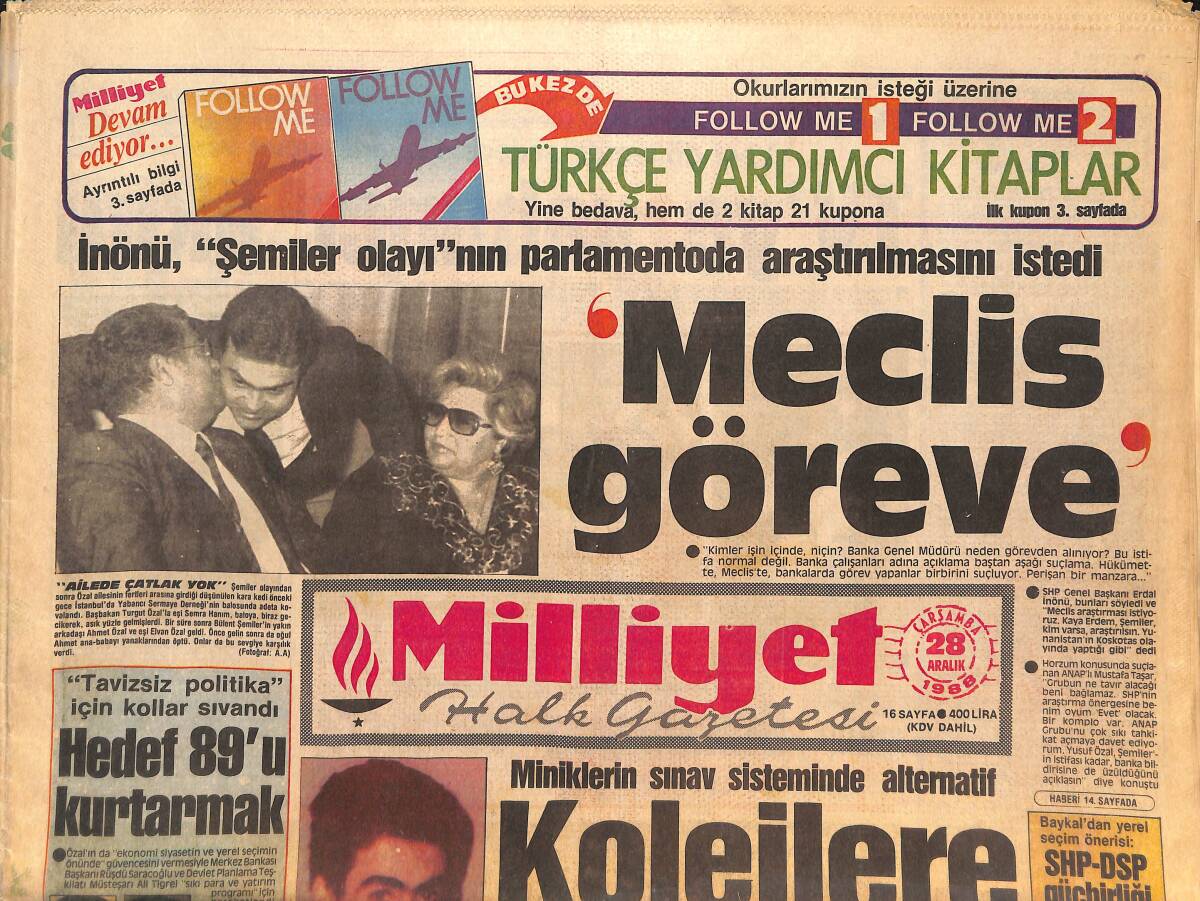 Milliyet Halk Gazetesi 28 Aralık 1988 - Galatasaray'da Hedef 90 Puan - İnönü , Şemiler Olayı'nın Parlamentoda Araştırılmasını İstedi GZ133138 - 1