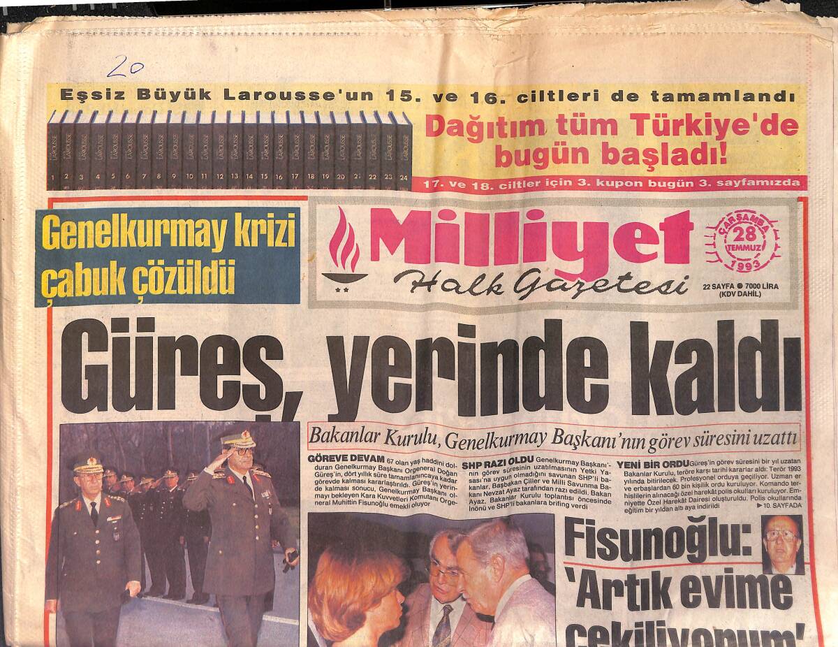 Milliyet Halk Gazetesi 28 Temmuz 1993 - Dış Basında Genco Erkal - Güreş , Yerinde Kaldı GZ152902 - 1