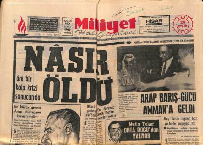 Milliyet Halk Gazetesi 29 Eylül 1970 - Ani Bir Kalp Krizi Sonucunda NASIR ÖLDÜ GZ88552 - 1