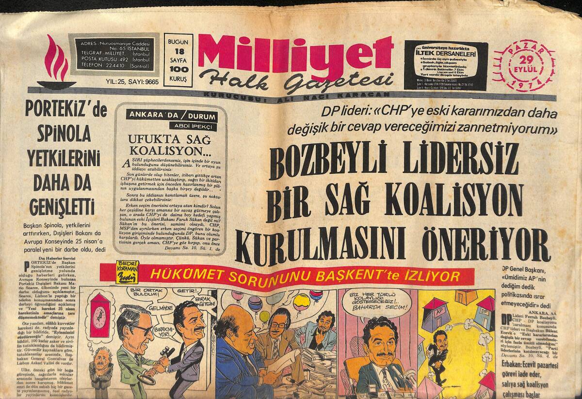 Milliyet Halk Gazetesi 29 Eylül 1974 - Kıbrıslı Türklerin Adaya Dönmesi İçin Tedbir Alınıyor - Beşiktaş Ve Galatasaray Dev Maç Bugün GZ132683 - 1