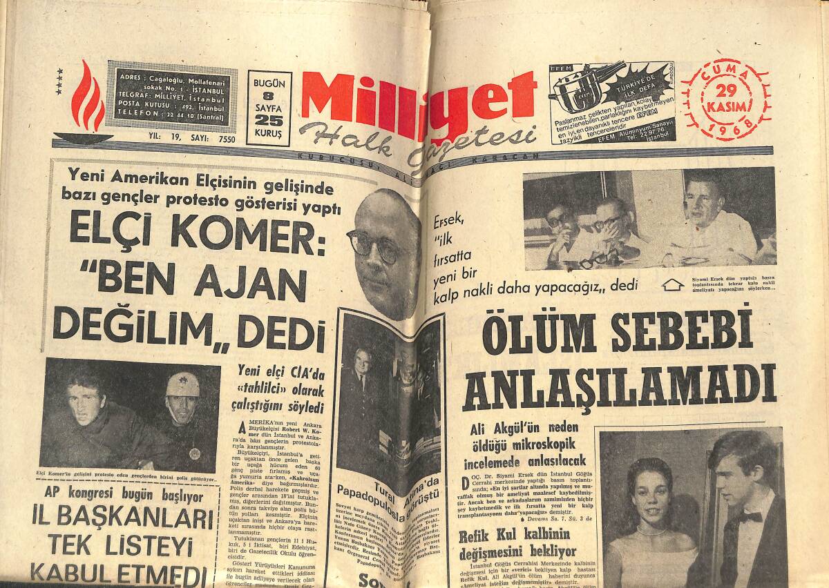 Milliyet Halk gazetesi 29 Kasım 1968 - Sivas TİP Sekreteri Sadun Aren'i Suçladı - Tural Atina'da Papadopulosla Görüştü GZ143415 - 1