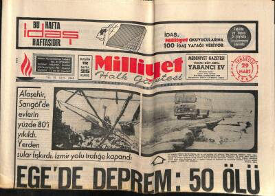 Milliyet Halk Gazetesi 29 Mart 1969 - Egede Deprem 50 Ölü GZ74518 - 1