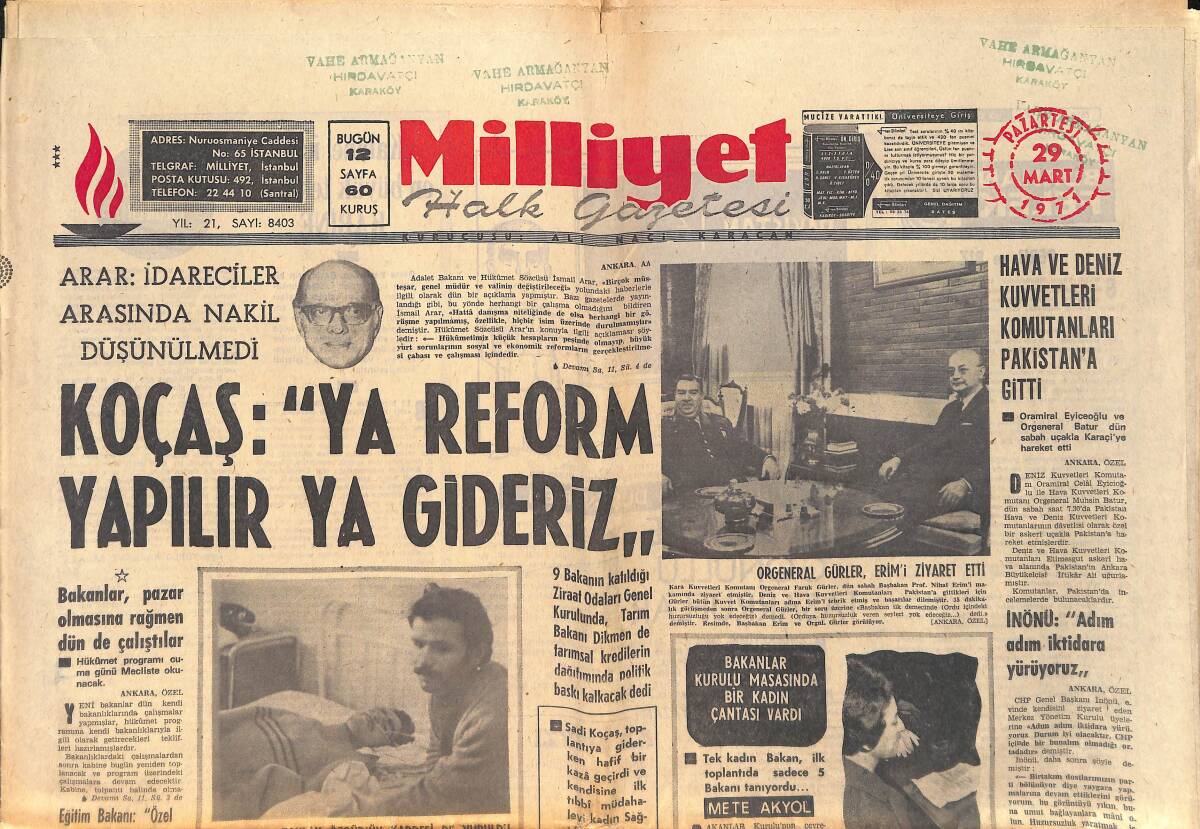 Milliyet Halk Gazetesi 29 Mart 1971 - Hava Ve Deniz Kuvvetleri Komutanları Pakistan'a Gitti GZ159180 - 1