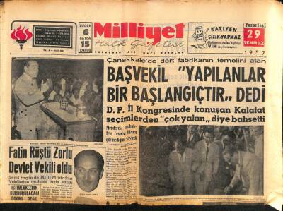 Milliyet Halk Gazetesi 29 Temmuz 1957 - Fatih Rüştü Zorlu Devlet Vekili Oldu GZ117797 - 1