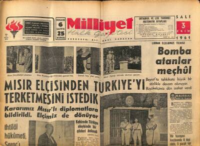 Milliyet Halk Gazetesi 3 Ekim 1961 - Mısır Elçisinden Türkiyeyi Terketmesini İstedik GZ79027 - 1
