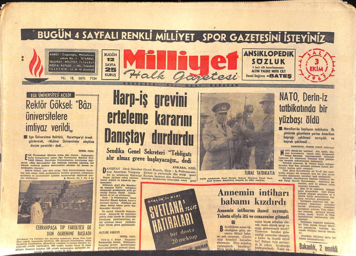 Milliyet Halk Gazetesi 3 Ekim 1961 - Raquel Welch Coşunca - Ecevit İşçilere, Polisten Askerden Ürkmeyiniz Dedi GZ156692 - 1