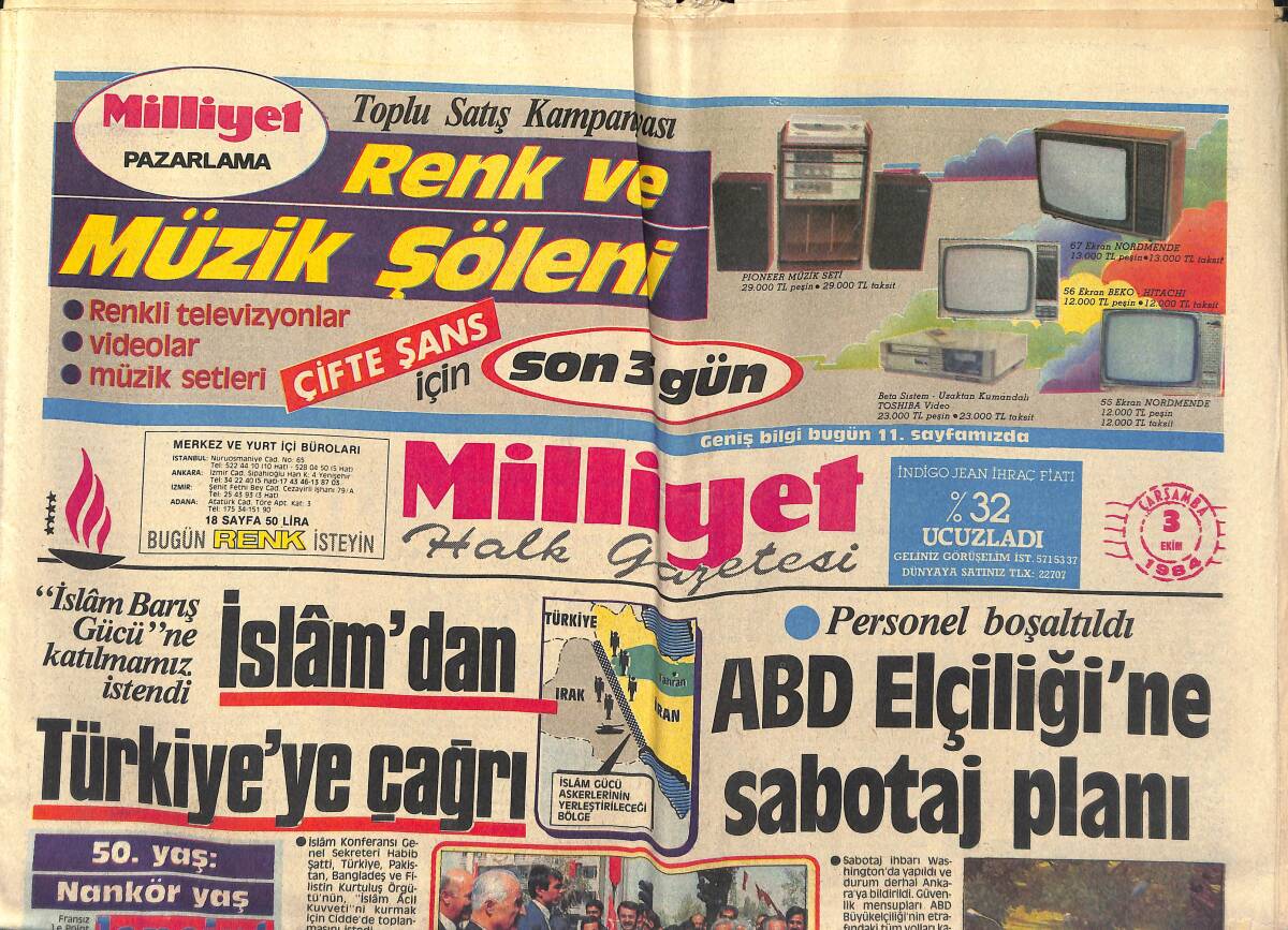 Milliyet Halk Gazetesi 3 Ekim 1984 - ABD Elçiliği'ne Sabotaj Planı - Shultz , Halefoğlu'ndan Görüş Aldı GZ151290 - 1