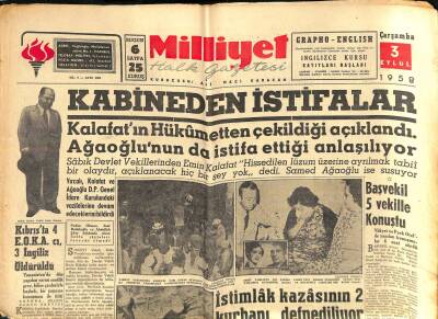 Milliyet Halk Gazetesi 3 Eylül 1958 - Kalafatın Hükümetten Çekildiği Açıklandı GZ118070 - 1