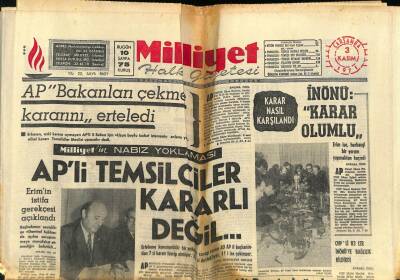Milliyet Halk Gazetesi 3 Kasım 1971 - AP Bakanları Çekme Kararını Erteledi GZ74507 - 1