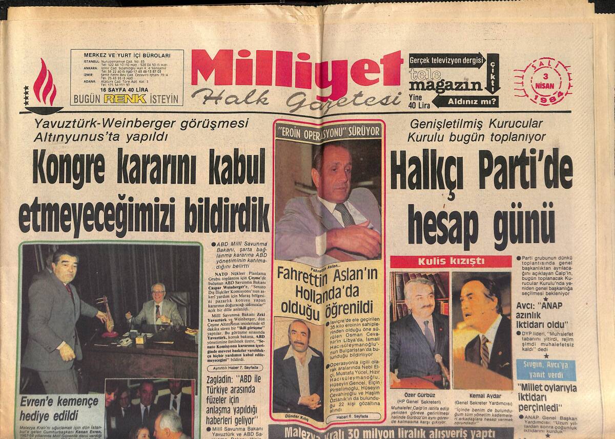 Milliyet Halk Gazetesi 3 Nisan 1984 - Fahrettin Aslan'ın Hollanda'da Olduğu Öğrenildi - En Pahalı Tur , Kenya'ya GZ151295 - 1
