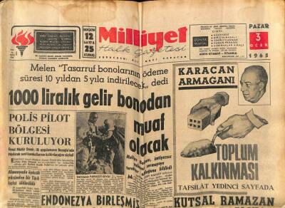 Milliyet Halk Gazetesi 3 Ocak 1965 - 1000 Liralık Gelir Bonodan Muaf Olacak GZ70501 - 2