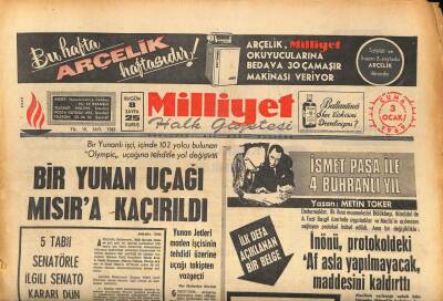 Milliyet Halk Gazetesi 3 Ocak 1969 - Bir Yunan Uçağı Mısıra Kaçırıldı GZ86321 - 1