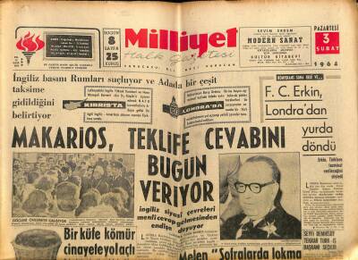 Milliyet Halk Gazetesi 3 Şubat 1964 - Makarios , Teklife Cevabını Bugün Veriyor - Almanyadan 1500 Gence Evlenme Teklifi Geldi GZ121380 - 1