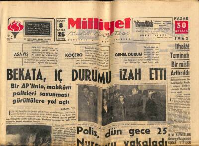 Milliyet Halk Gazetesi 30 Aralık 1962 - Bekata , İç Durumu İzah Etti GZ79044 - 1