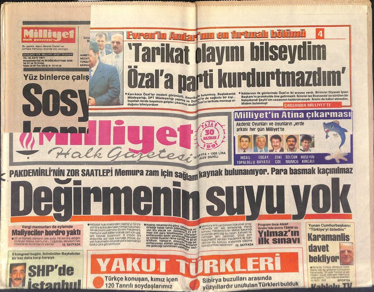Milliyet Halk Gazetesi 30 Haziran 1991 - Karamanlis Davet Bekliyor - SHP'de İstanbul Ateşi GZ151285 - 1