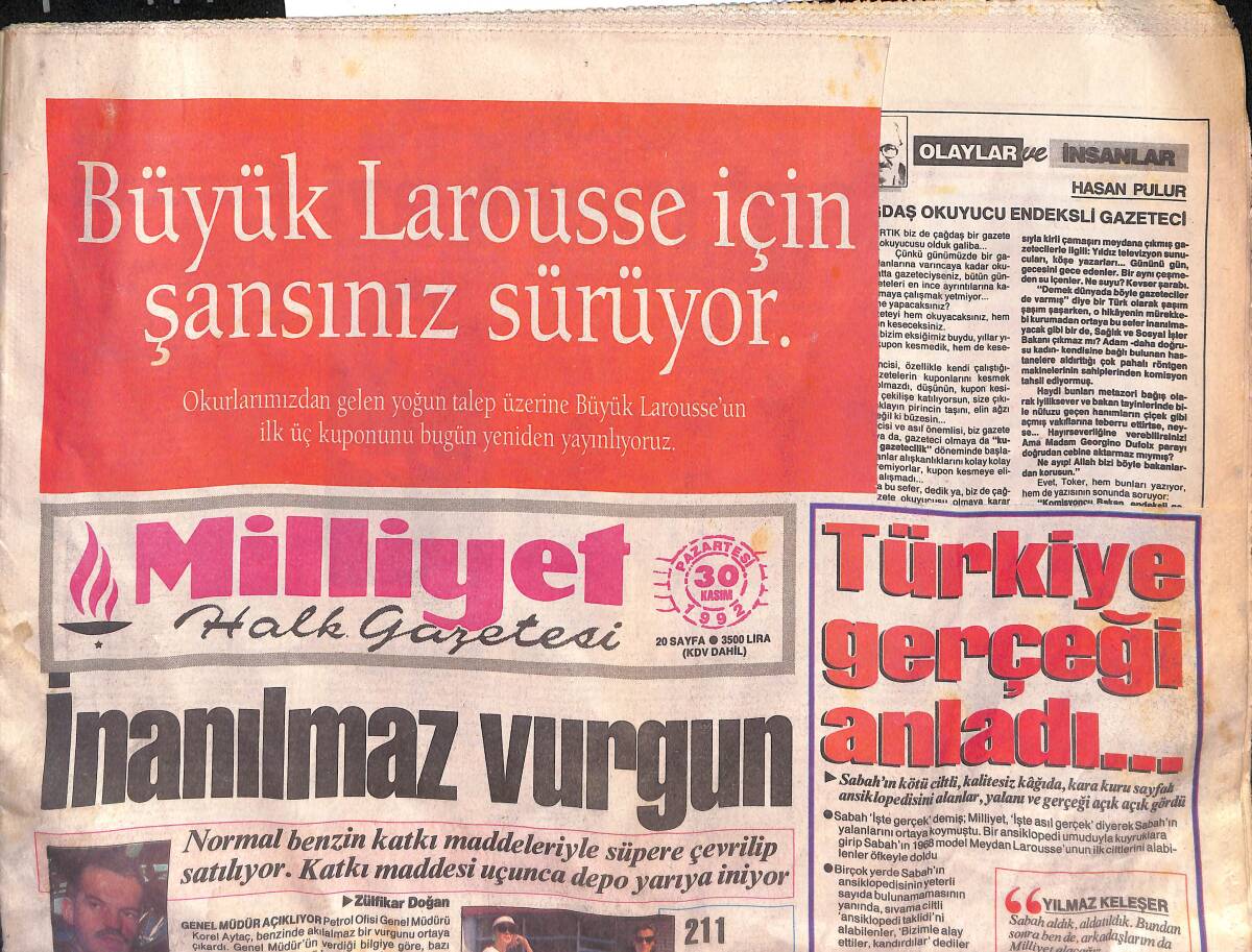 Milliyet Halk Gazetesi 30 Kasım 1992 - Galatasaray Günü Kurtardı - Özal'dan ANAP'a Veda GZ132894 - 1