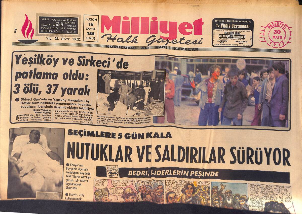 Milliyet Halk Gazetesi 30 Mayıs 1977 - Seçimlere 5 Gün Kala Saldırılar Sürüyor - Polis Ve Jandarma Ayasofya'da Namaz Kılınmasına Engel Oldu GZ132476 - 1