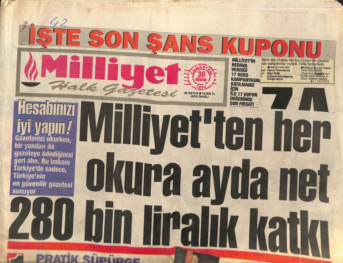 Milliyet Halk Gazetesi 30 Nisan 1994 - Semra Özal'a Yoğun İlgi - Fenerbahçe'ye Prim Dopingi GZ153103 - 1