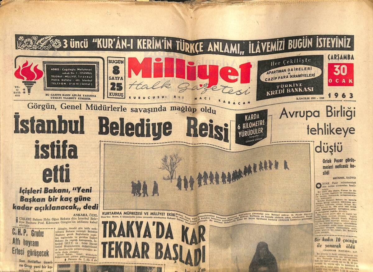 Milliyet Halk Gazetesi 30 Ocak 1963 - Kayhan Sağlamer Dün Tahliye Edildi - İstanbul Belediye Reisi İstifa Etti GZ142931 - 1
