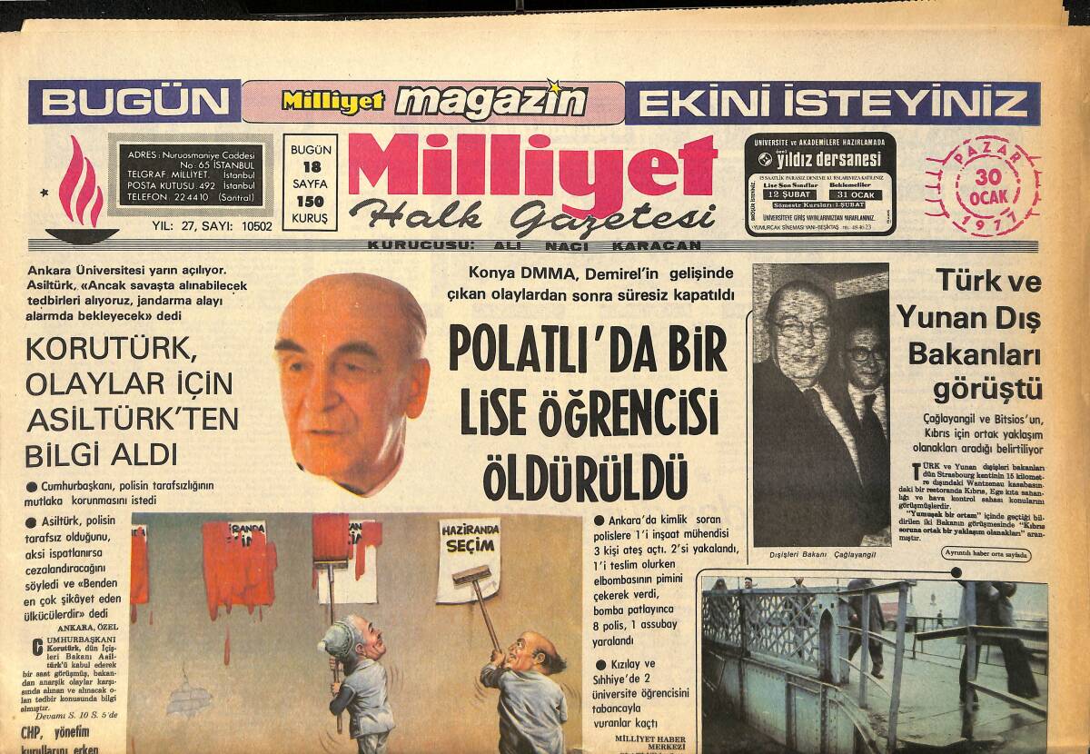 Milliyet Halk Gazetesi 30 Ocak 1977 - Karataş TRT'de 70 Kişinin Sözleşmesini Feshetti - Atçalı Kel Memed'in Öyküsü GZ161196 - 1