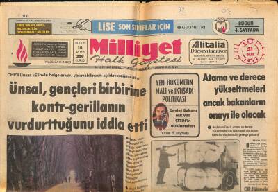 Milliyet Halk Gazetesi 31 Ocak 1978 - Ünsal , Gençleri Birbirine Kontr-gerillanın Vurdurttuğunu İddia Etti GZ117763 - 1