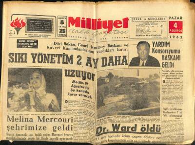 Milliyet Halk Gazetesi 4 Ağustos 1963 - Dr. Ward Öldü - Melina Mercouri Şehrimize Geldi GZ118523 - 1