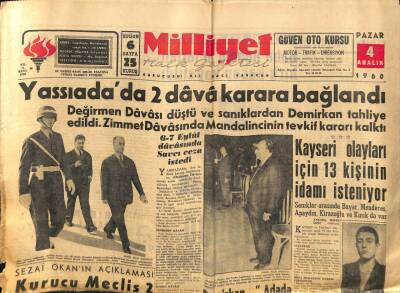 Milliyet Halk Gazetesi 4 Aralık 1960 - Kayseri Olayları İçin 13 Kişinin İdamı İsteniyor GZ81311 - 1