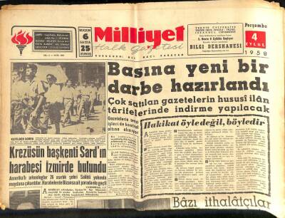 Milliyet Halk Gazetesi 4 Eylül 1958 - Krezüsün Başkenti Sardın Harabesi İzmirde Bulundu - Gülekin Giresunda Karşılanışı Hadiseli Oldu GZ118071 - 1