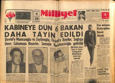 Milliyet Halk Gazetesi 4 Eylül 1960 Kabineye Dün 6 Bakan Daha Tayin Edildi GZ81175 - 1